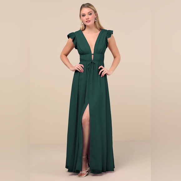 slim fit dress slacks Zapaka Women Dark Green Bridesmaid Dress with Lace Up Back A Line Chiffon Long Wedding Party Dress, Dark Green / US18W main image 1